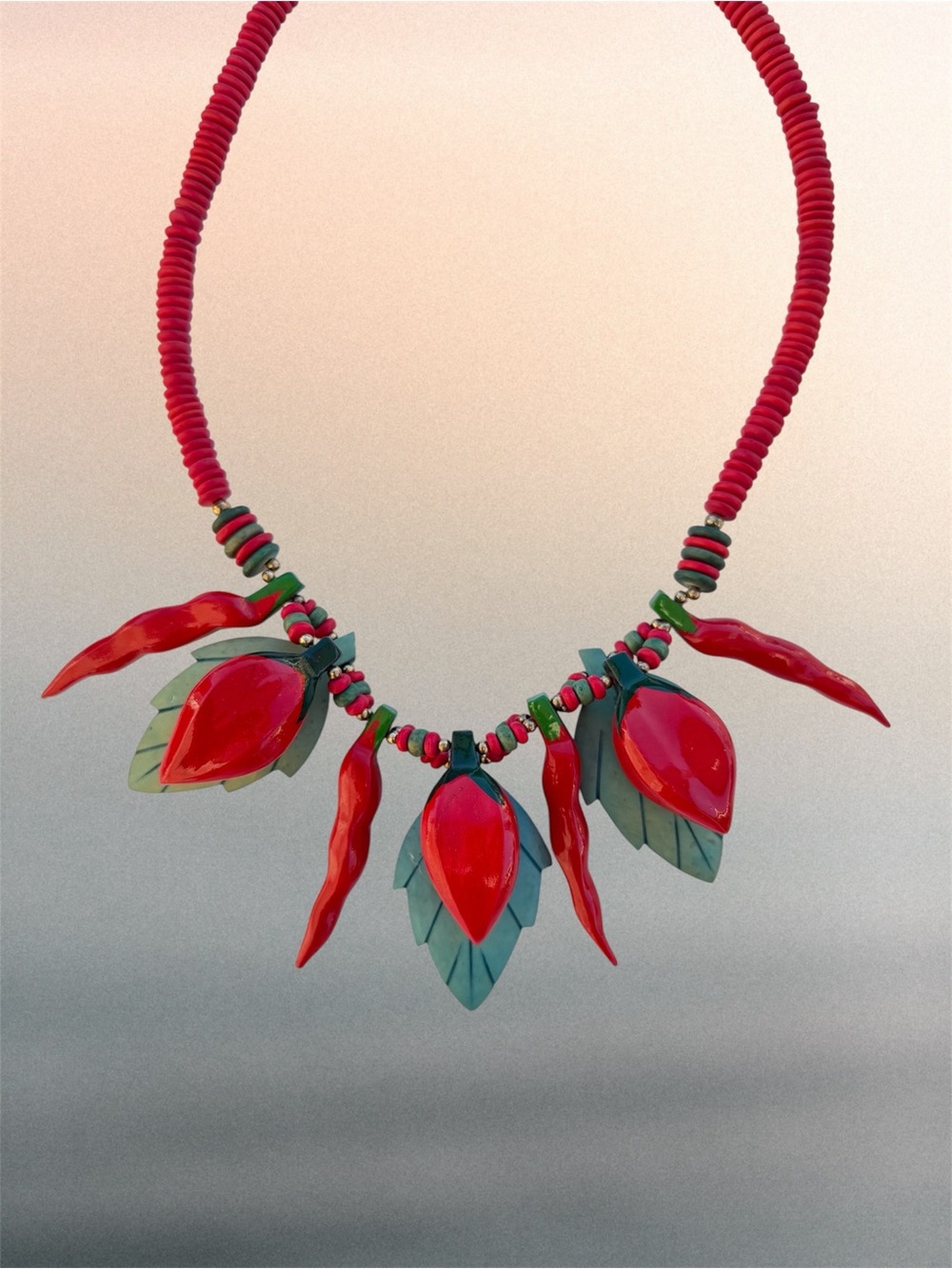 Hand Crafted Red Pepper and Green Leaf Wooden Beads Statement 20” Necklace - Picture 2 of 5